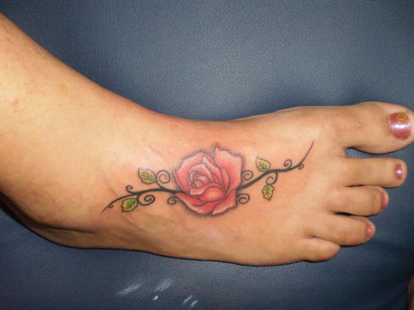Classic Rose Tattoo On Right Foot