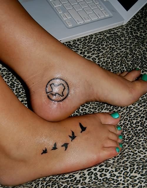 Classic Silhouette Flying Birds Tattoo On Girl Right Foot