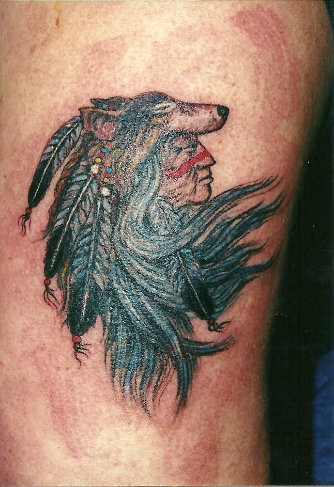 Classic Wolf Head Indian Chief Tattoo Design