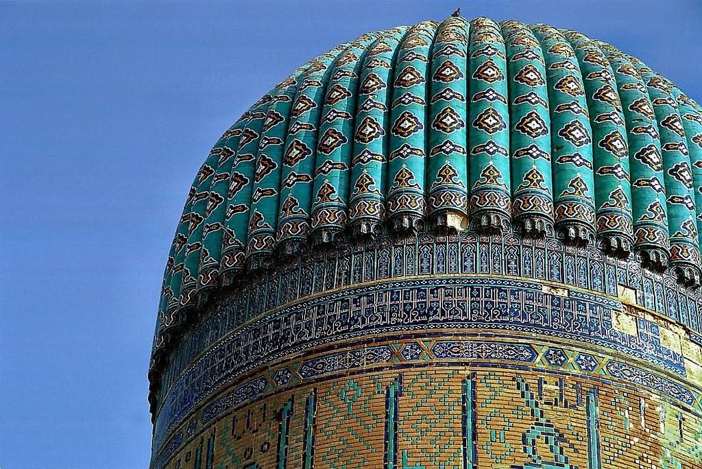 Closeup Of Blue Dome Of Bibi Khanym Mosque In Samarkand, Uzbekistan
