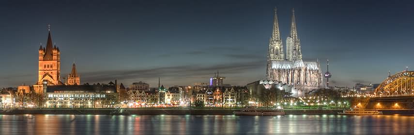 Cologne Cathedral And Cologne Old Town Panorama View At Night
