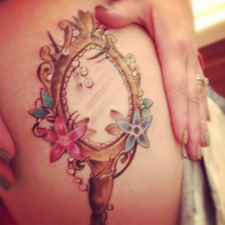 Color Flowers And Hand Mirror Tattoo On Side