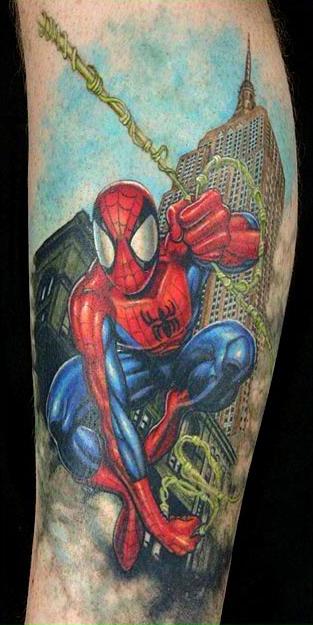 Color Spiderman Tattoo On Leg
