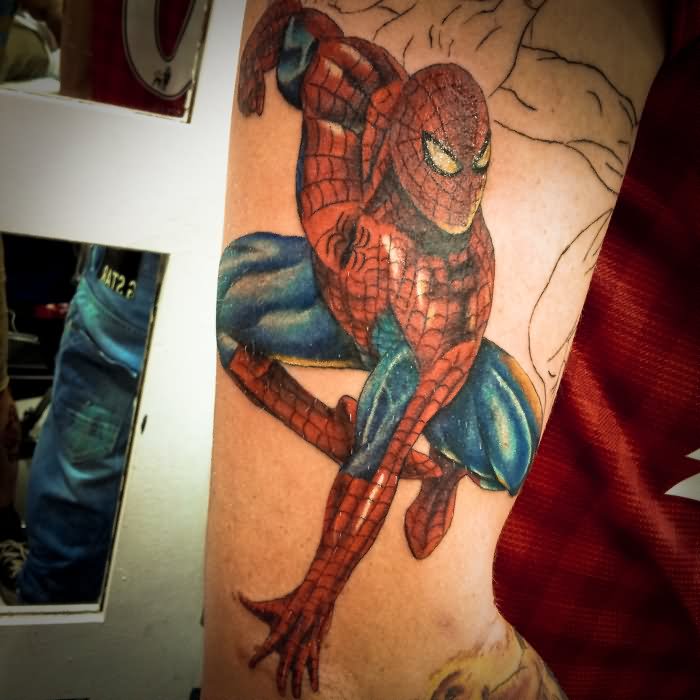 Color Spiderman Tattoo On Right Half Sleeve