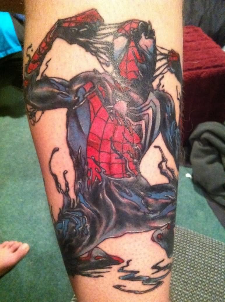 Color Spiderman Tattoo On Right Leg