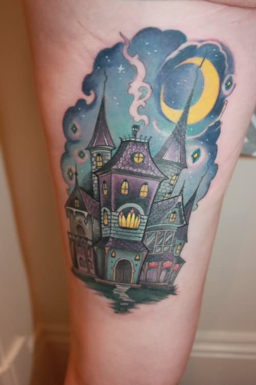 Color Traditional Haunted House Tattoo On Leg