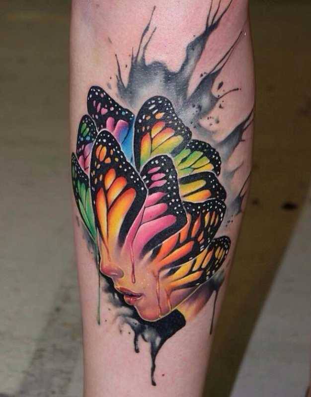 Colored Butterfly Wings Girl Head Watercolor Tattoo