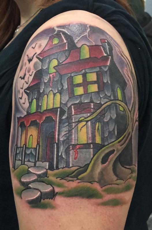 Colored Haunted House Tattoo On Left Shoulder