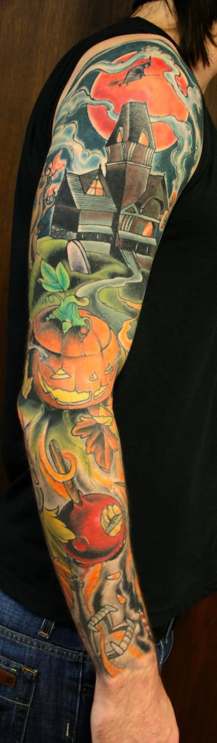 Colored Haunted House Tattoo On Right Sleeve