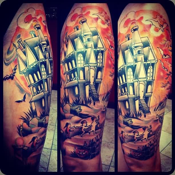 Colored Haunted House Tattoo On Sleeve For Men