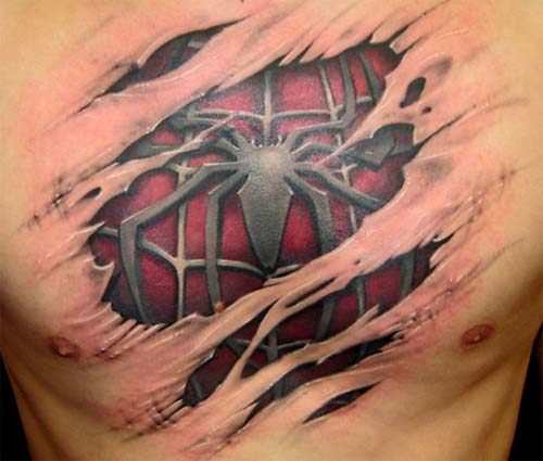 Colored Ripped Skin Spiderman Tattoo On Chest