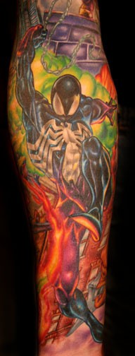 Colored Spiderman Tattoo On Forearm