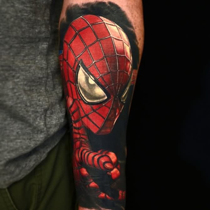 Colored Spiderman Tattoo On Left Sleeve