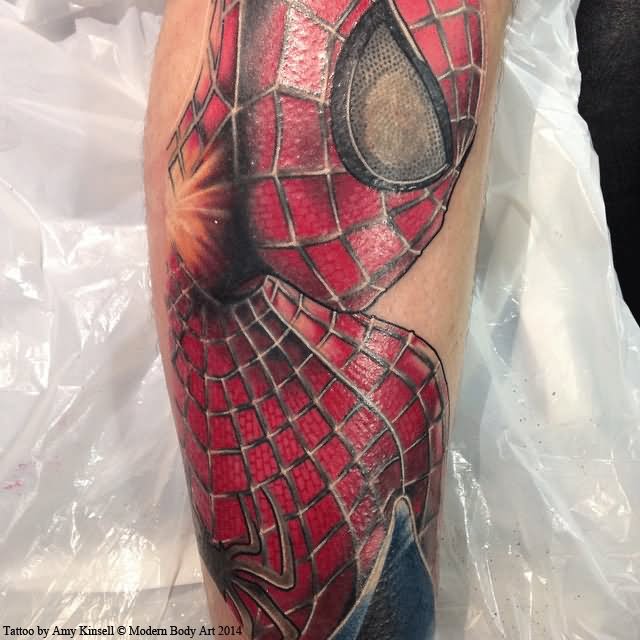 Colored Spiderman Tattoo On Leg