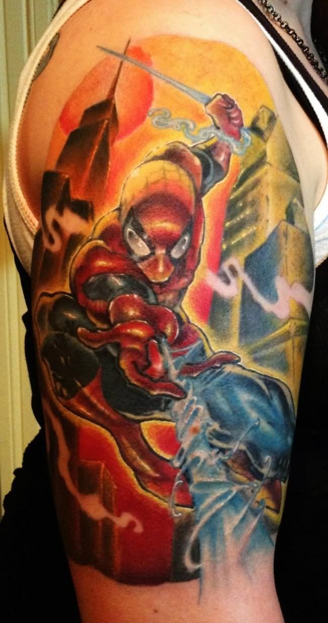 Colored Spiderman Tattoo On Right Half Sleeve