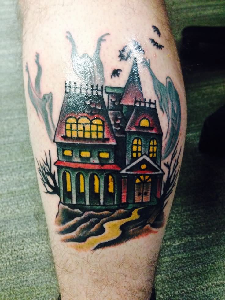 Colored Traditional Haunted House Tattoo On Leg