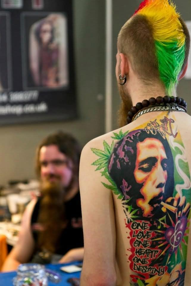 Colorful Bob Marley Tattoo On Man Back