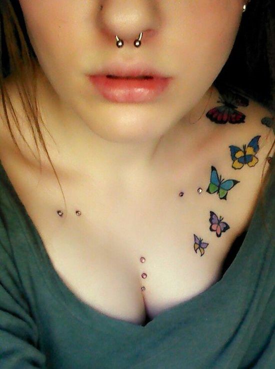 Colorful Butterflies Tattoo On Girl Collar Bone