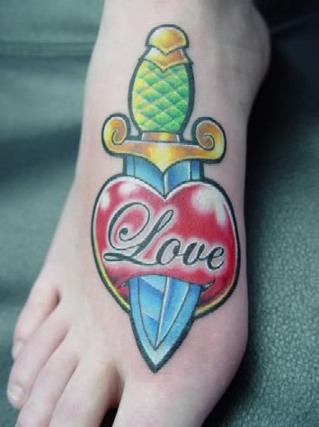 Colorful Dagger In Heart Tattoo Design For Men Foot
