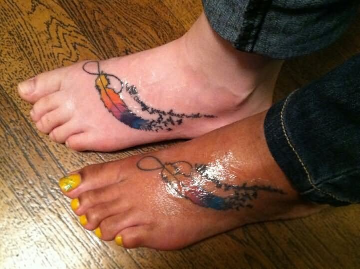 Colorful Feather Tattoo On Left Foot