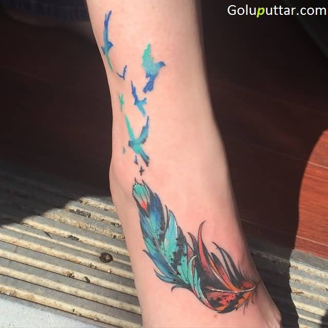Colorful Feather With Flying Birds Tattoo On Right Foot