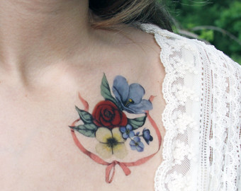 Colorful Flowers Tattoo On Collar Bone