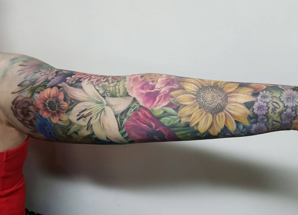 Colorful Flowers Tattoo On Sleeve by Samm Lacey