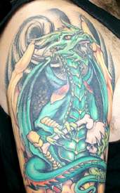 Colorful Gothic Dragon Tattoo On Right Half Sleeve