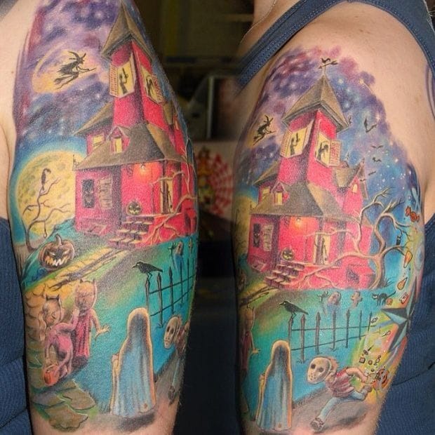 Colorful Haunted House Tattoo On Half Sleeve