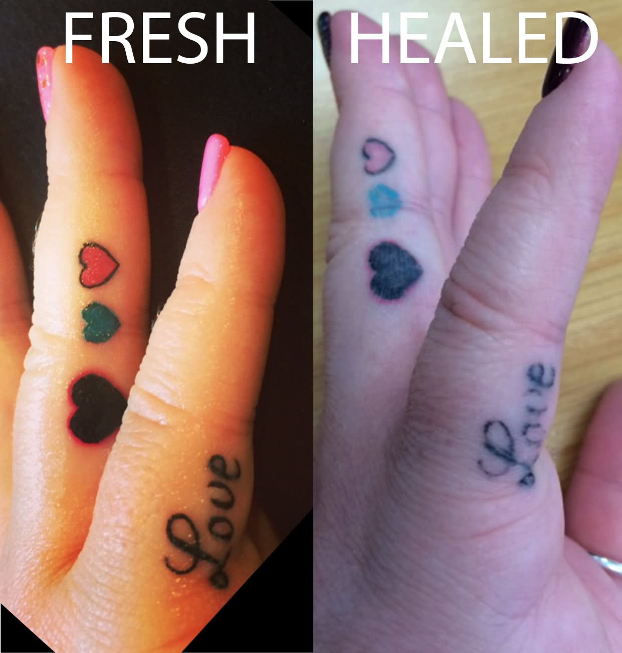 Colorful Hearts With Love Lettering Tattoo On Girl Fingers