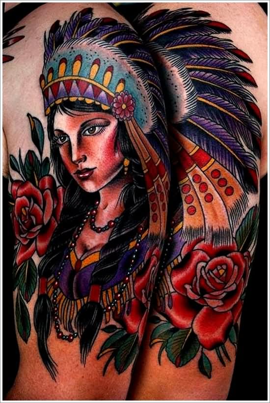 Colorful Indian Chief Female With Roses Tattoo Design For Shoulder