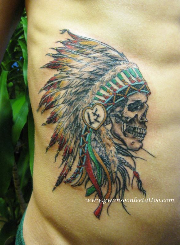 Colorful Indian Chief Skull Head Tattoo On Side Rib