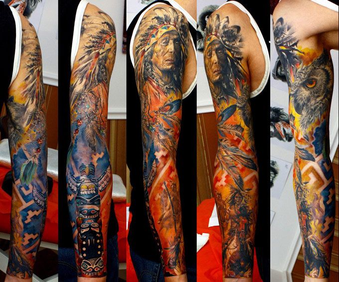 Colorful Indian Chief Tattoo On Right Full Sleeve