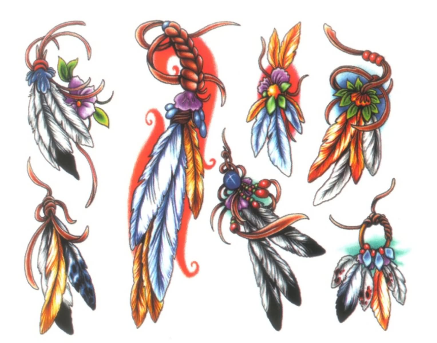 Colorful Indian Native Feather Tattoo Designs