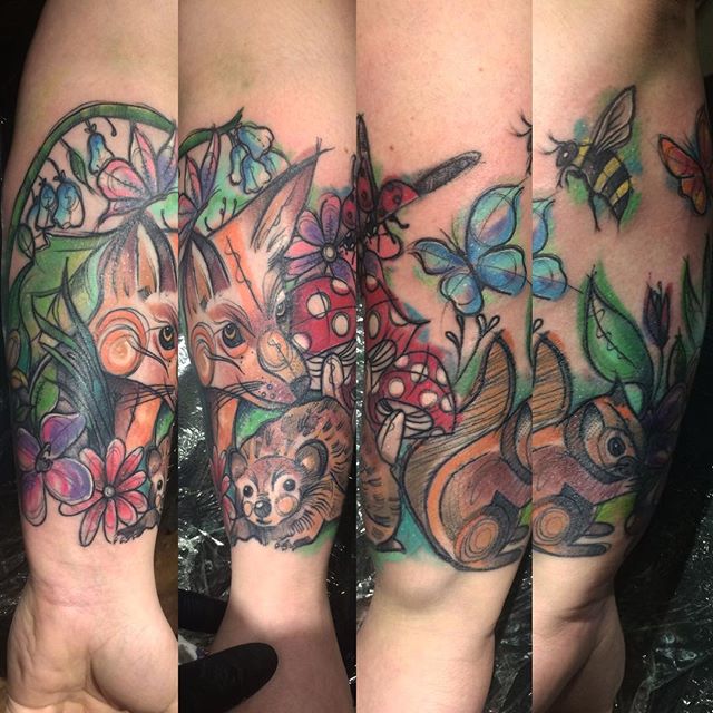 Colorful Nature Animals With Flowers Tattoo On Wrist