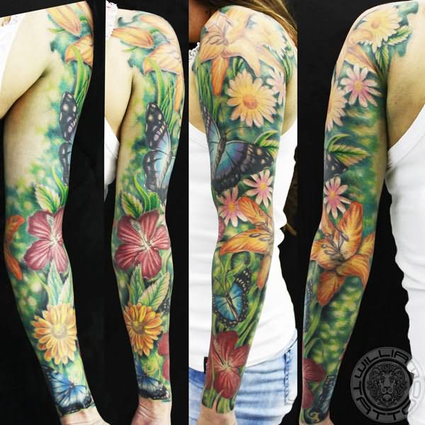 Colorful Nature Butterflies And Flowers Tattoo On Girl Left Full Sleeve