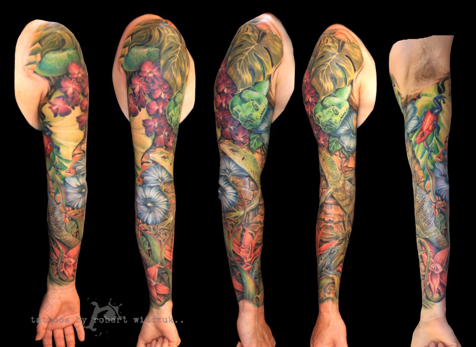 Colorful Nature Flowers Tattoo On Right Full Sleeve By Robert Witczuk