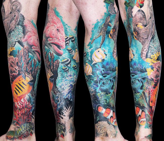 Colorful Nature Tattoo On Leg