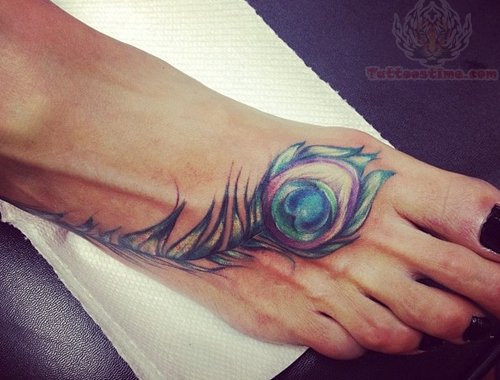 Colorful Peacock Feather Tattoo On Girl Right Foot