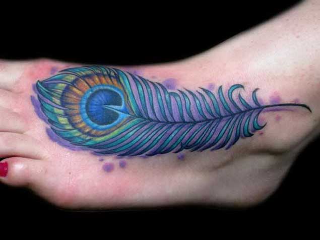 Colorful Peacock Feather Tattoo On Left Foot