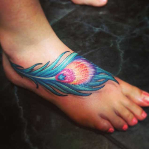 Colorful Peacock Feather Tattoo On Right Foot
