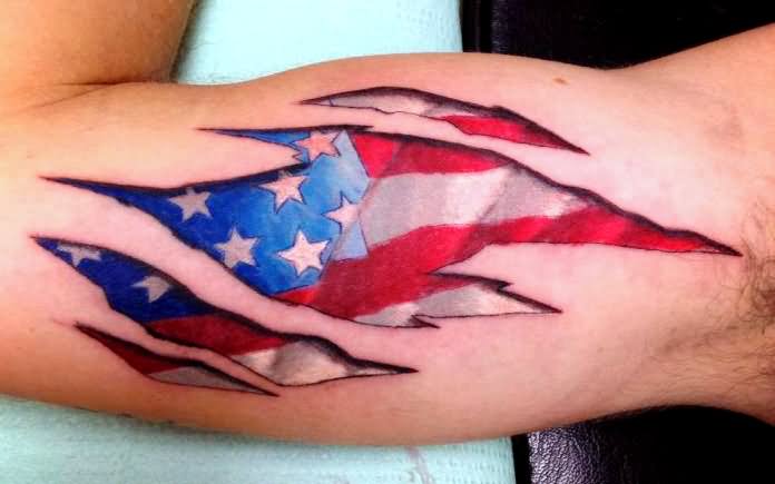 Colorful Ripped Skin USA Flag Tattoo On Right Bicep