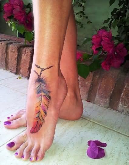 Colorful Rosary Feather Tattoo On Girl Left Ankle
