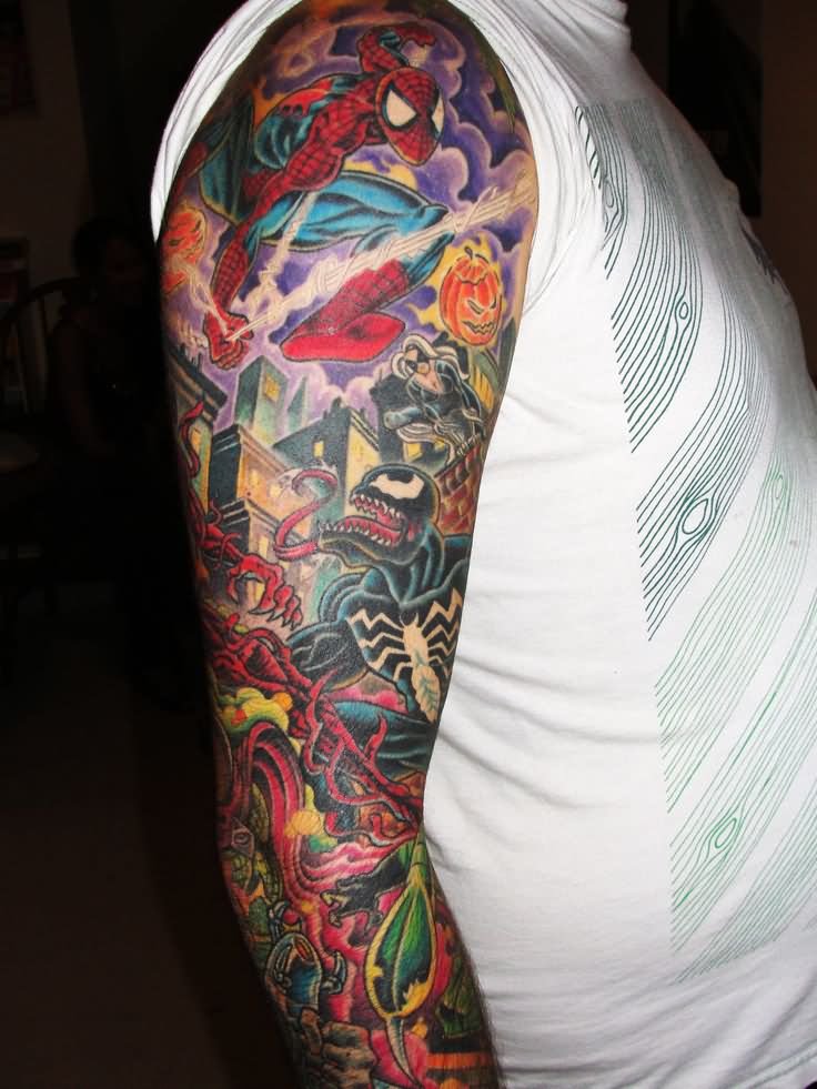 Colorful Spiderman Tattoo On Sleeve