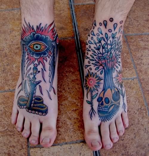Colorful Traditional Tattoo Design For Men Feet