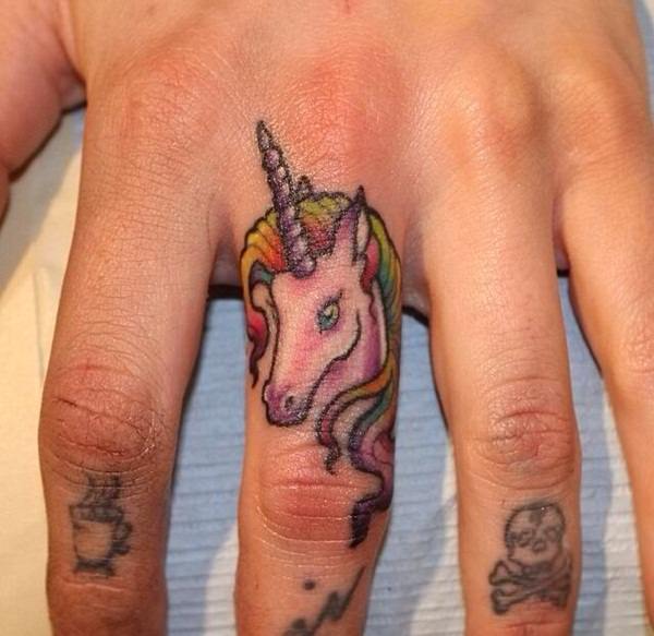 Colorful Unicorn Head Ring Tattoo On Finger