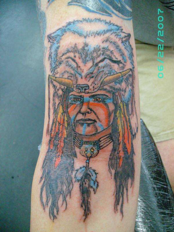 Colorful Wolf Head Indian Chief Tattoo Design For Sleeve