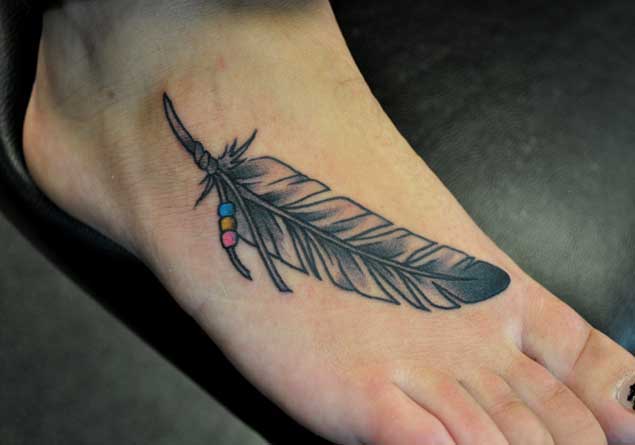 Cool Black Ink Feather Tattoo On Girl Right Foot