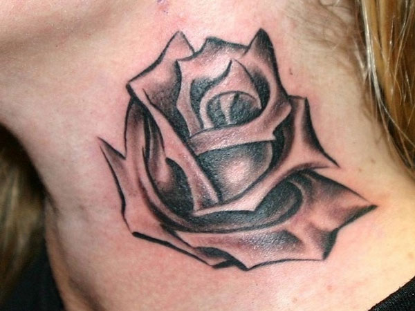 Cool Black Ink Rose Tattoo On Side Neck