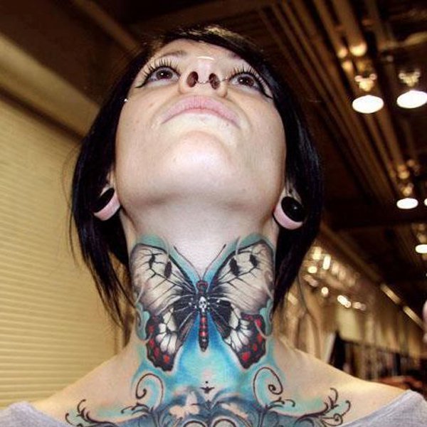 Cool Butterfly Tattoo On Girl Front Neck